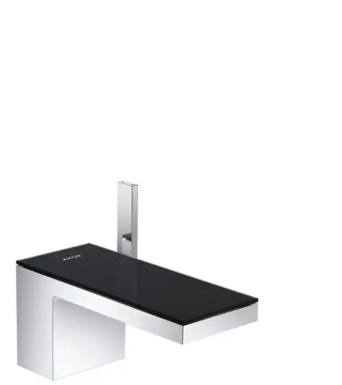 Ein Einhebel-Waschtischmischer von AXOR mit rechteckiger Oberfläche aus Schwarzglas und Chrom, ausgestattet mit einer Push-Open Ablaufgarnitur.